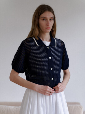 Mesh collar halg cardigan_NAVY