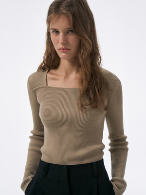 Square Ribbed Long Sleeve Top[LMBCAUKN203]-Beige