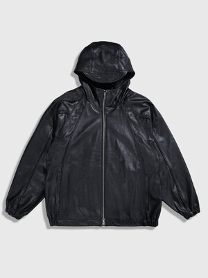 Piping Hooded Leather Jacket (Black)