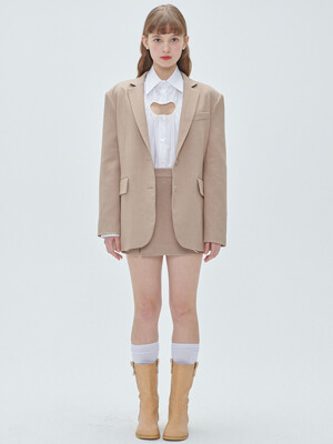 Herringbone suit mini side slit skirt - Beige