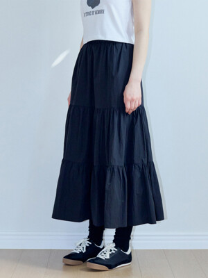 SHIRRING FRILL LONG SKIRT_BLACK