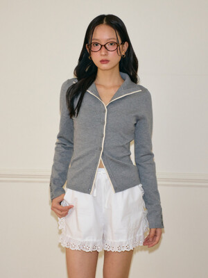 Line Point High Neck Cardigan_ Gray