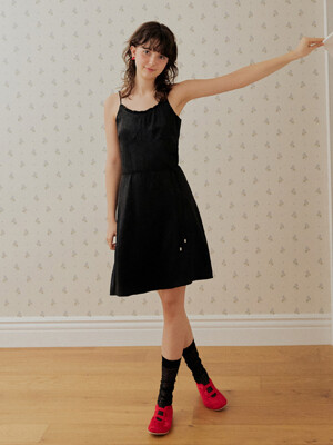 Jacquard rope belt frill neck mini dress - black