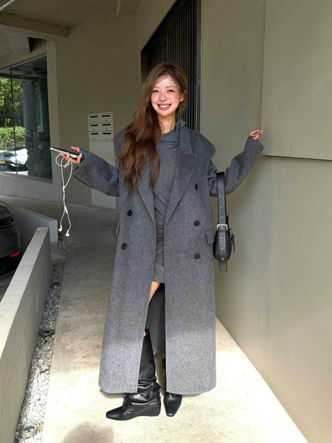 트리밍버드 Peaked-Lapel Double-Breasted Handmade Coat [ Gray ]