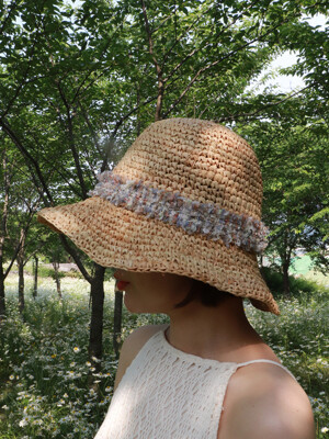 raffia vintage Hat - blue mix