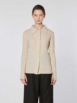 TOF COLLAR RIBBED KNIT CARDIGAN OATMEAL