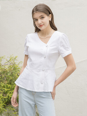 Linen V Neck Unbal Blouse White