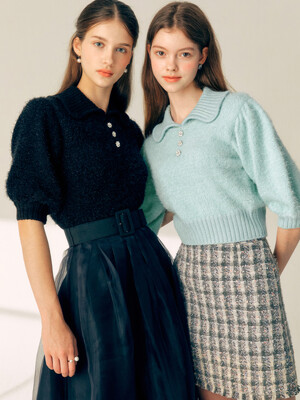 DARLENE Puff sleeve collar knit (Blue/Black)