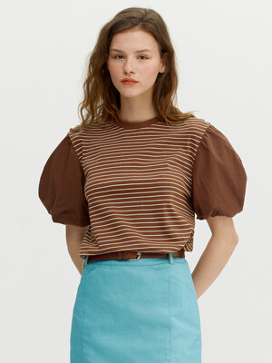 PUBBLICO Balloon sleeve stripe t-shirts (Brown&Ivory)