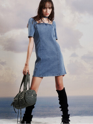 Square Denim Halter Mini Dress (LIGHT BLUE)