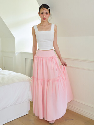 Ribbon Shirring Gingham Check Maxi Skirt_ Pink