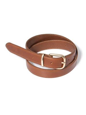 (W) round square gold buckle cowhide leather belt (T027_tan)