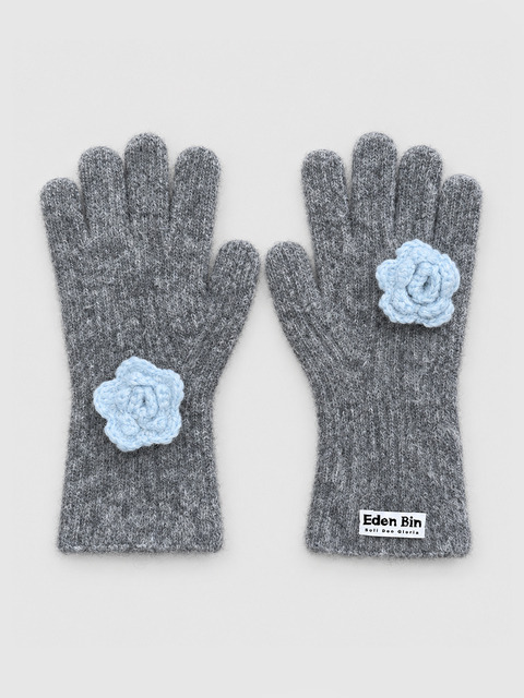 이든빈 [선물포장|세트상품|2차 리오더]Handmade Crochet Flower Corsage Ring Gloves - Gray & Ice Blue