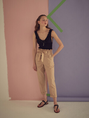 BUTTON UP SHIRRING PANTS - BEIGE/IVORY