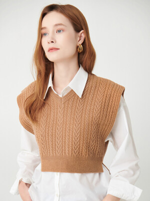 Irine wool cable vest & shirt set - Camel