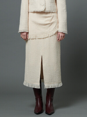 Fringed wool tweed skirt - Cream