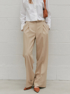 BELTED TURN UP WIDE PANTS (sand beige)