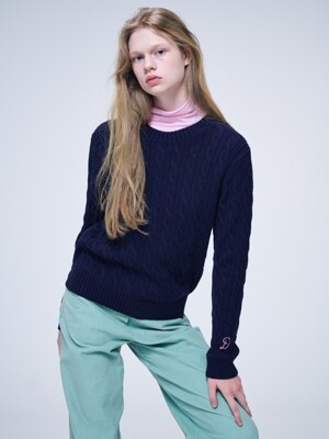 Sleeve Embroidery Cable Pullover, navy