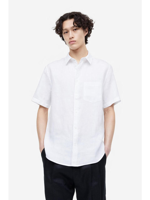 셔츠 - 에이치엔엠 (H&M) - Regular Fit 쇼트 슬리브 리넨 셔츠 화이트 1035597007