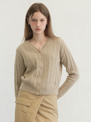 Raccoon Cable V-neck Knit Cardigan (Beige)