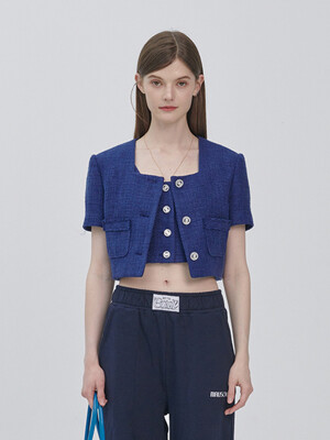 Tweed cropped tailored square neck jacket - Deep blue