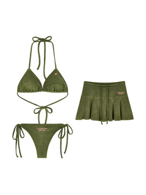 [SET] 하트 테리 비키니 + 플레어 미니 스커트 (Olive)