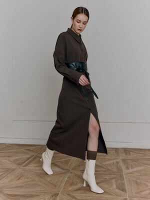 STRETCH LONG SHIRT DRESS [BLACK][BROWN]