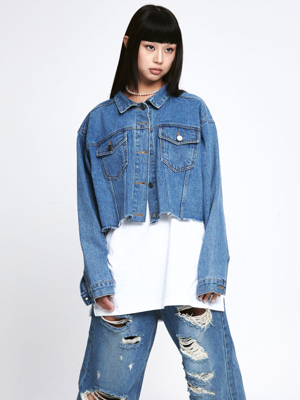 Oversized Cutting Crop denim jacket [Blue]