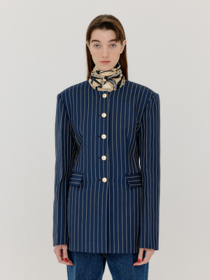 VASE Round Neck Long Jacket - Navy/Cream Stripe