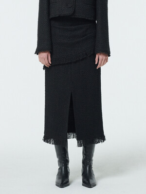Fringed wool tweed skirt - Black