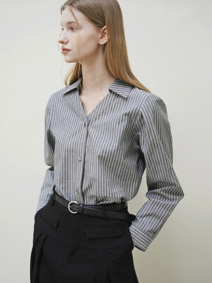 GENIE V NECK STRIPE SHIRTS BLOUSE (GREY)