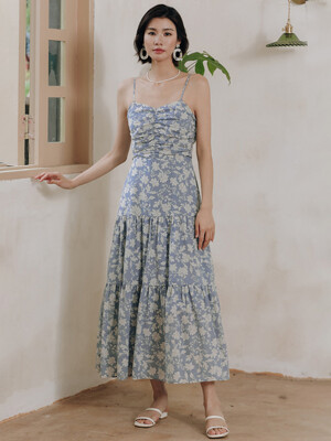 LS_Shirring floral sleeveless dress
