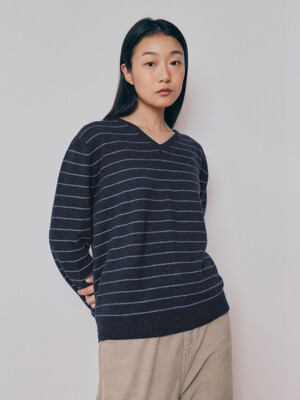 [Women] Super Fine Wool Stripe V-Neck Sweater (Navy)