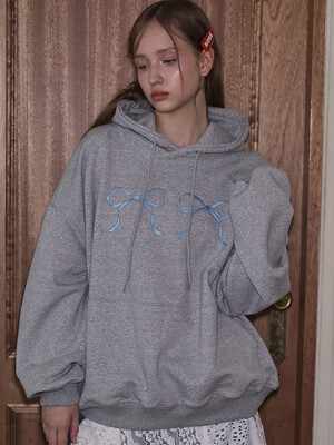 Twin Ribbon Embroidery Hoodie [Gray]