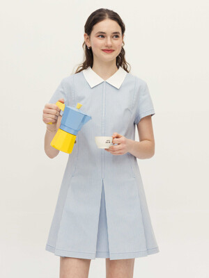 폼파노 배색 카라 턱 미니 원피스 (Light blue stripe/Gray stripe)