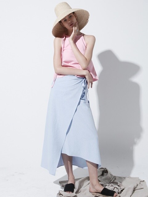 linen long wrap skirt (denim blue)