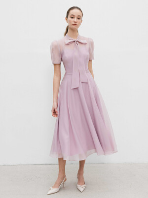 LILLE See-through Puff shoulder ribbon tie dress (Lavender/Oatmeal/Black)