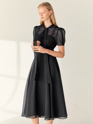 LILLE See-through Puff shoulder ribbon tie dress (Oatmeal/Black)