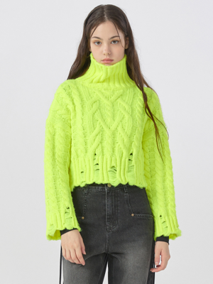High Neck Cable Crop Pullover Neon Green WBBFNT005LY