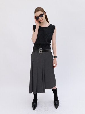 23 Spring_ Melange Grey Pleats Midi Skirt