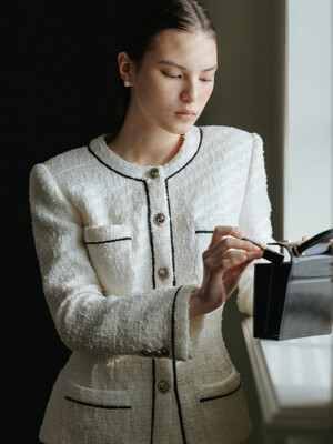 CAMERON Tuck detailed round neck tweed jacket (Ivory)