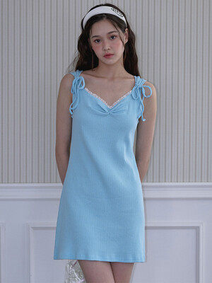 Lace Shirring Mini Dress [Summer Blue]