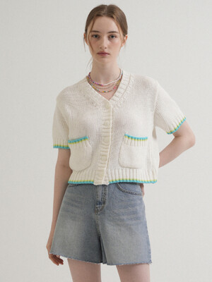 Summer V-neck  Pocket Coloring Knit Cardigan (White)