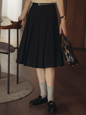 Belt set pleats midi skirt_Black