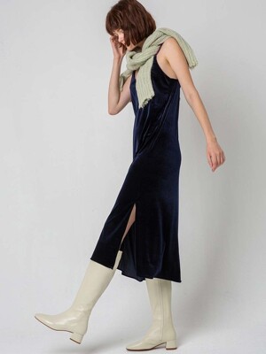 Color strap velvet dress_NAVY