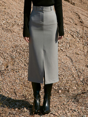 OU756 rayon slit long skirt (light khaki)