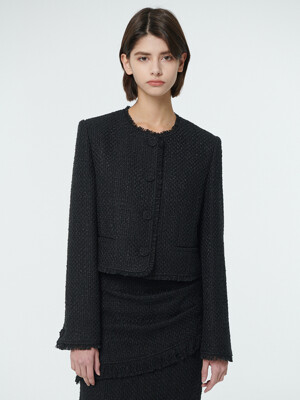Fringed wool tweed jacket -  Black