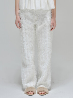 Fake feather 5 pocket pants in white