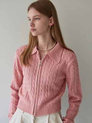 CABLE HAIF ZIP-UP KNIT_PINK