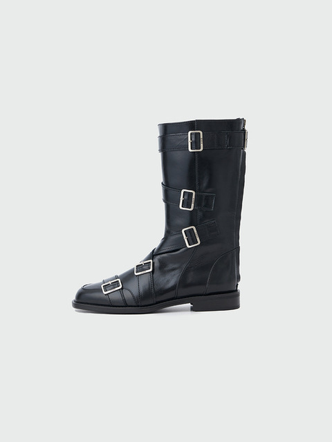 잉크]ZANIA Triple Buckle Square Toe Flat Boots - Black